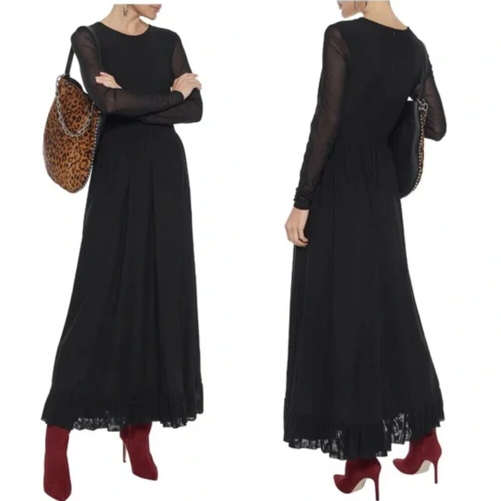 GANNI Addison Swiss Dot Black Mesh Maxi Dress Ruffle Hem, EU 36 US 4 Small - Picture 2 of 15